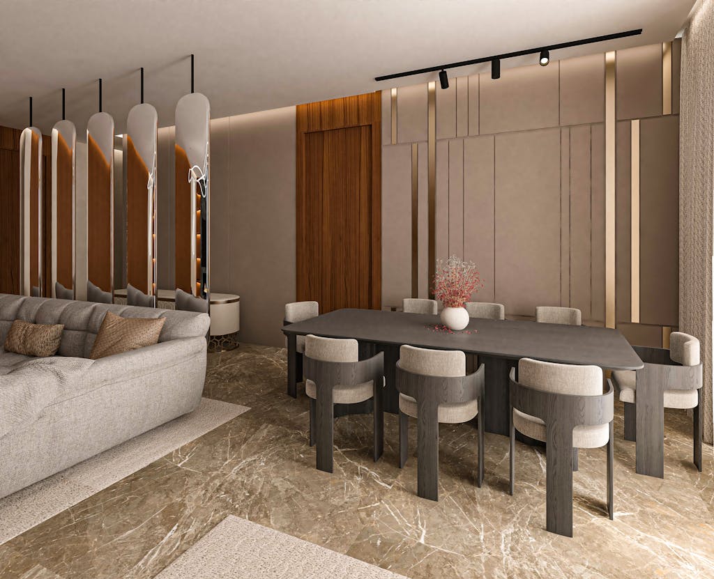 Elegant contemporary interior showcasing a luxurious dining area and cozy seating arrangement.